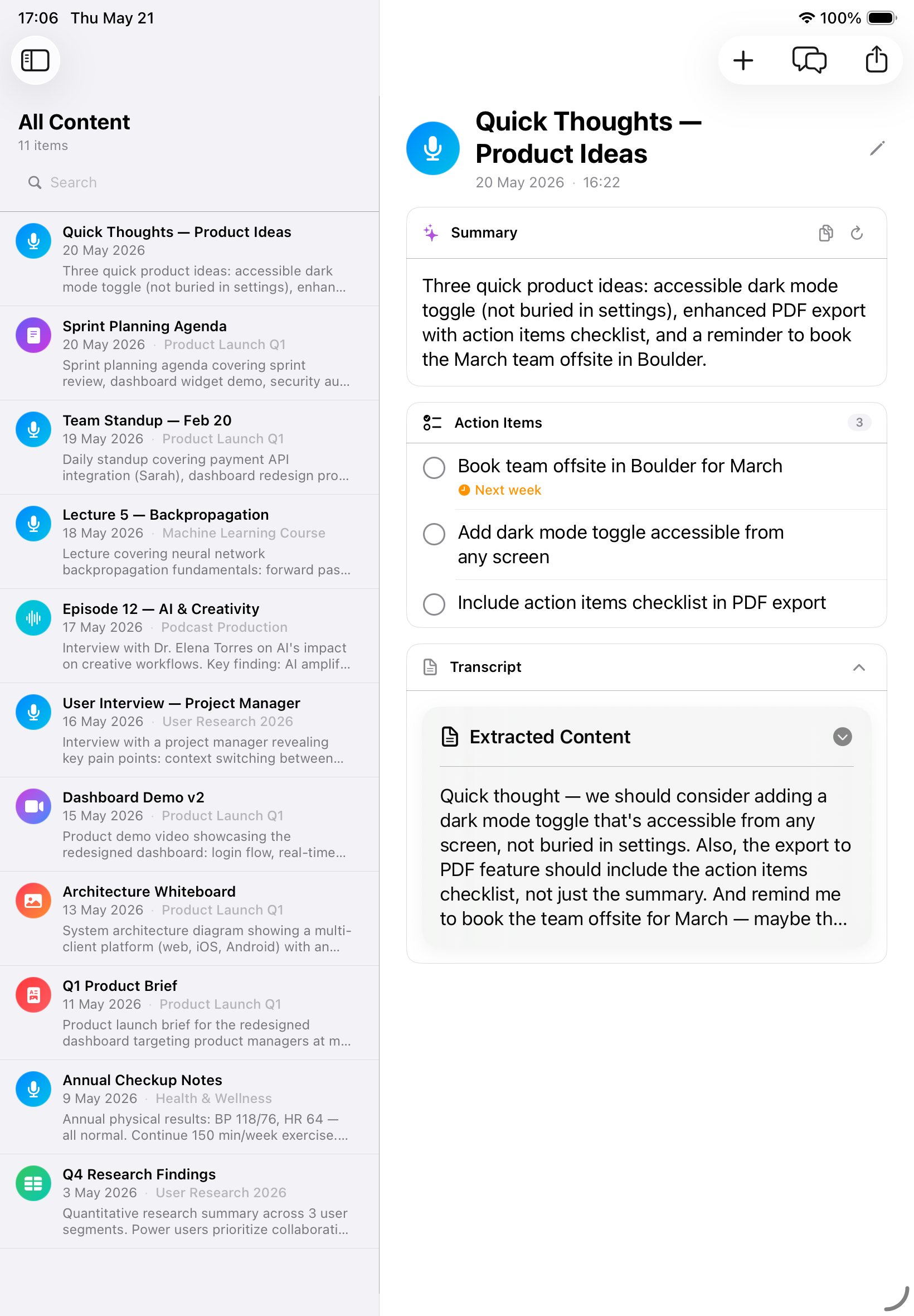 Inscribe iPad content list and note detail in split view