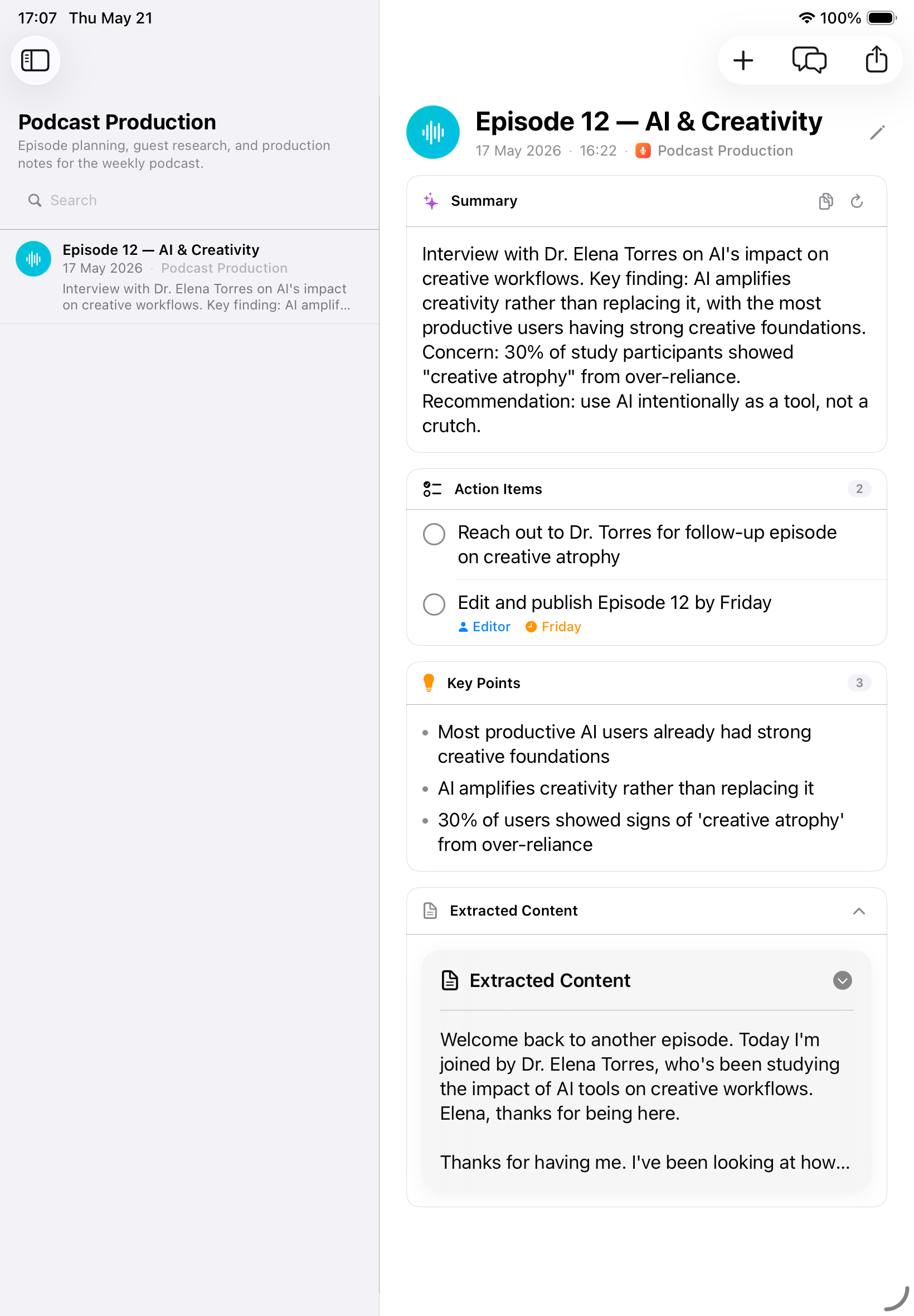 Inscribe on iPad showing a project detail with a podcast episode summary, action items, and key points
