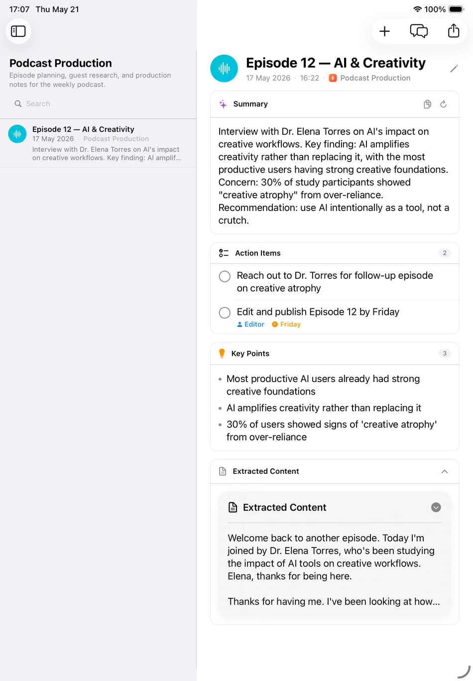 Inscribe on iPad showing a project detail with a podcast episode summary, action items, and key points