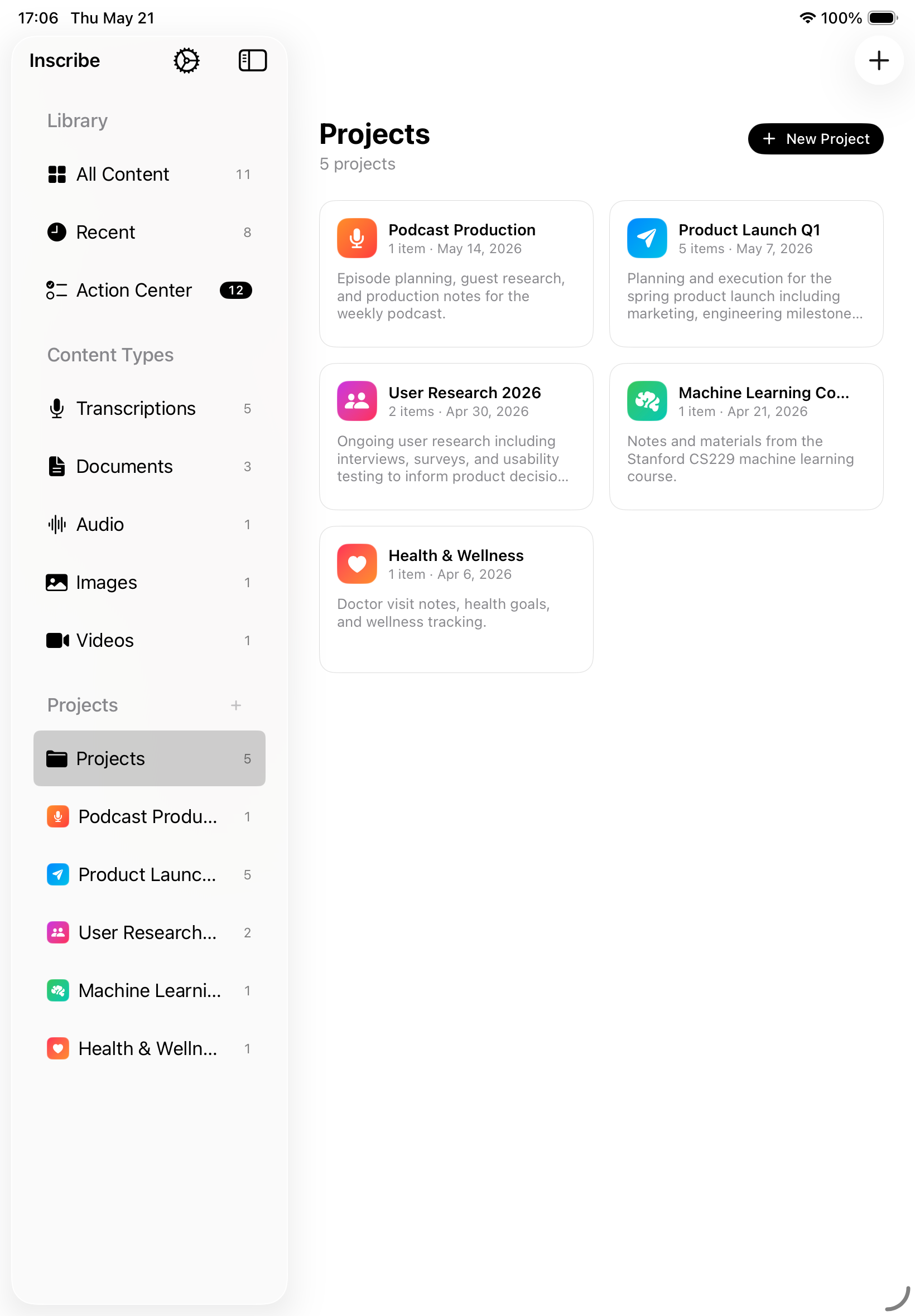 Inscribe on iPad showing the Projects view with colorful project tiles in the sidebar and grid