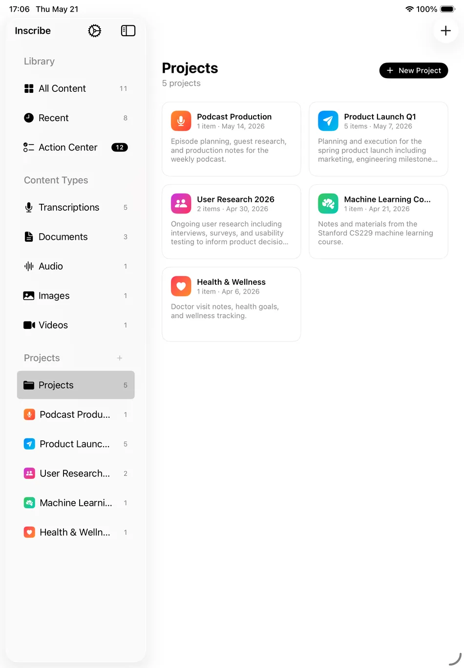 Inscribe on iPad showing the Projects view with colorful project tiles in the sidebar and grid