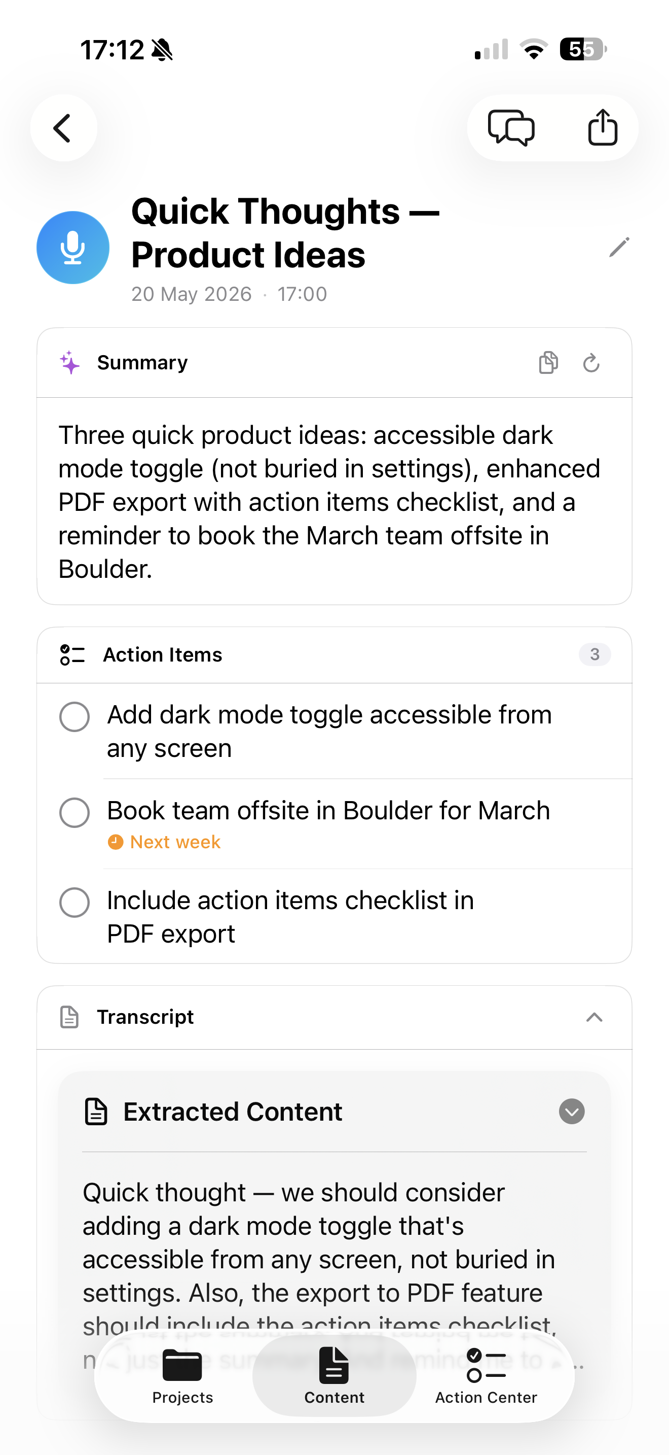 Inscribe iPhone note detail with summary and action items