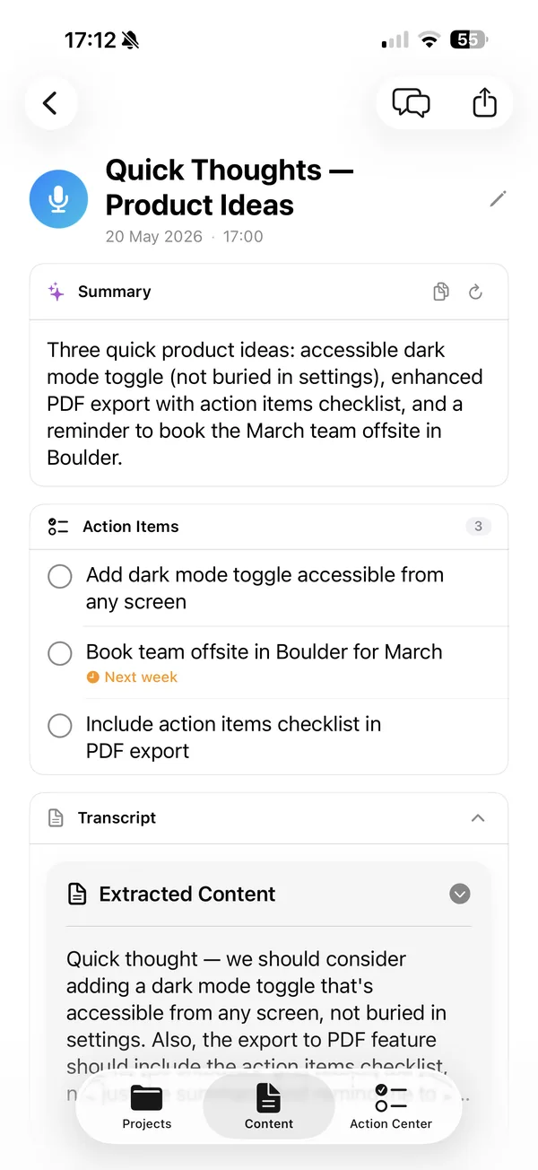 Inscribe iPhone note detail with summary and action items