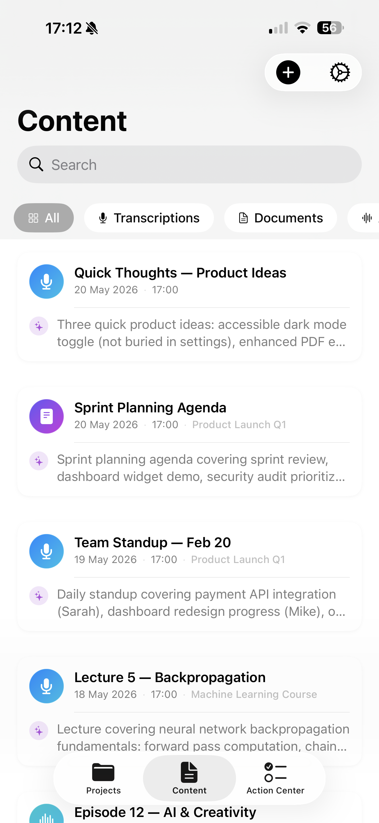 Inscribe on iPhone showing the Content list of transcriptions and documents
