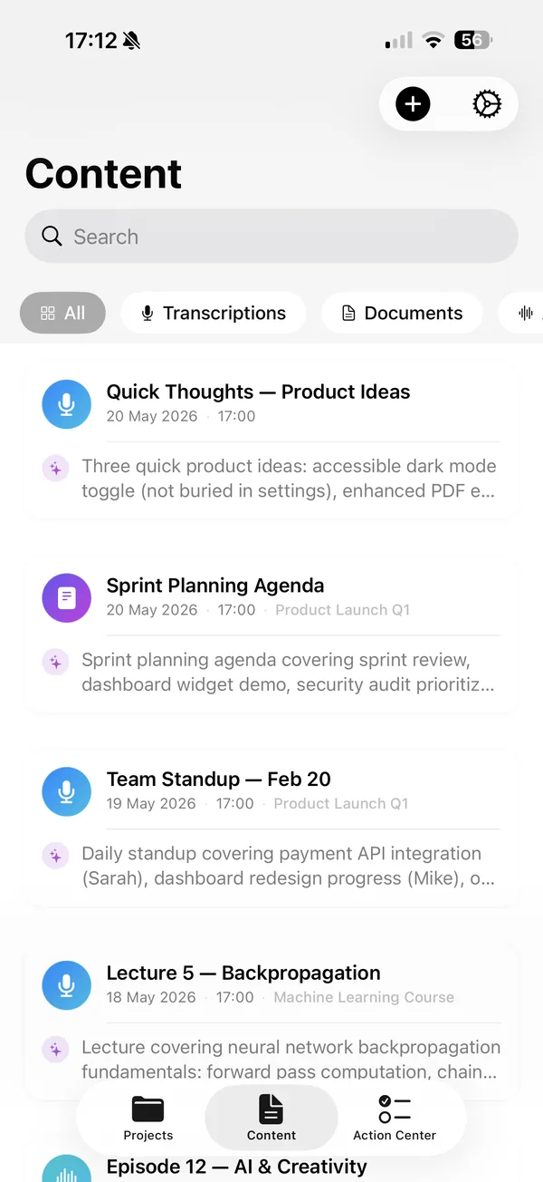 Inscribe on iPhone showing the Content list of transcriptions and documents