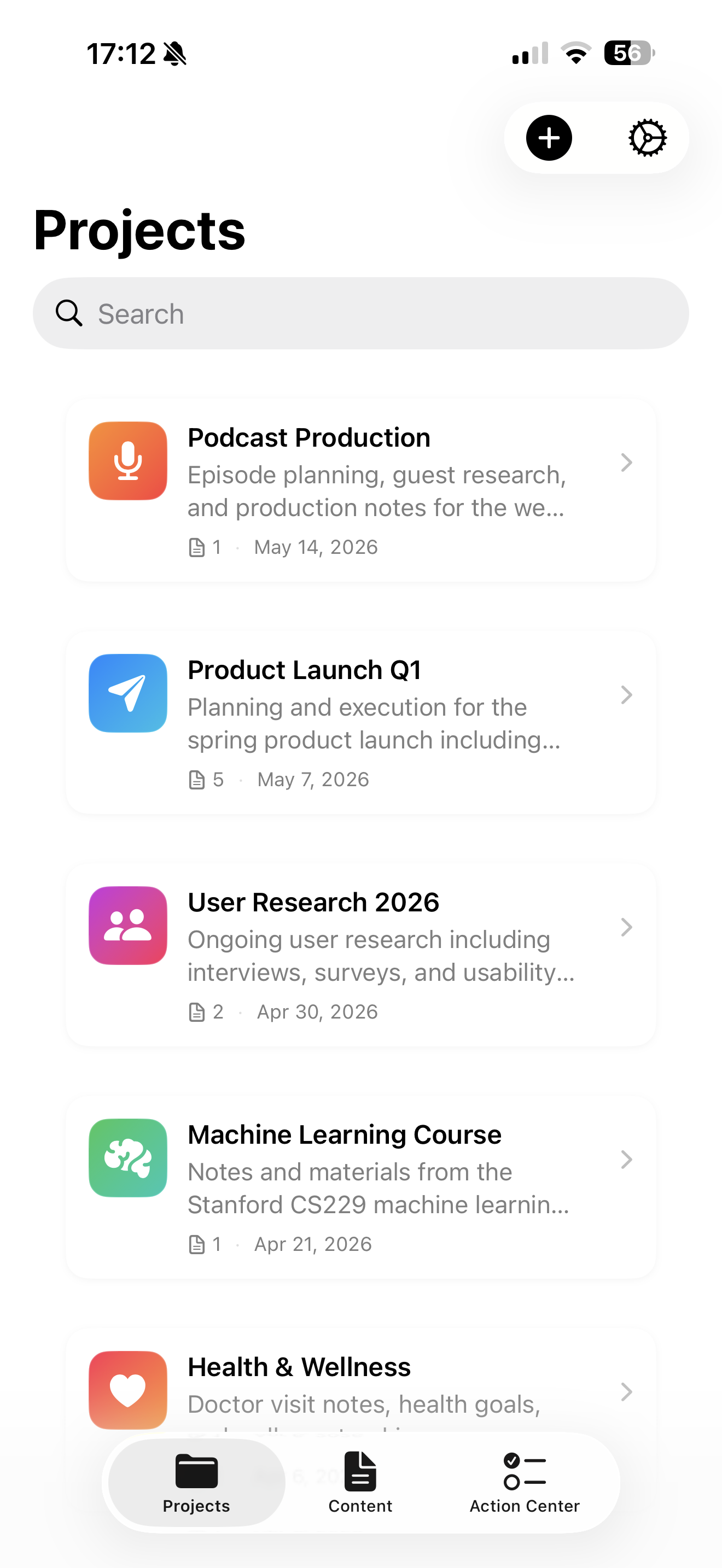 Inscribe iPhone Projects screen