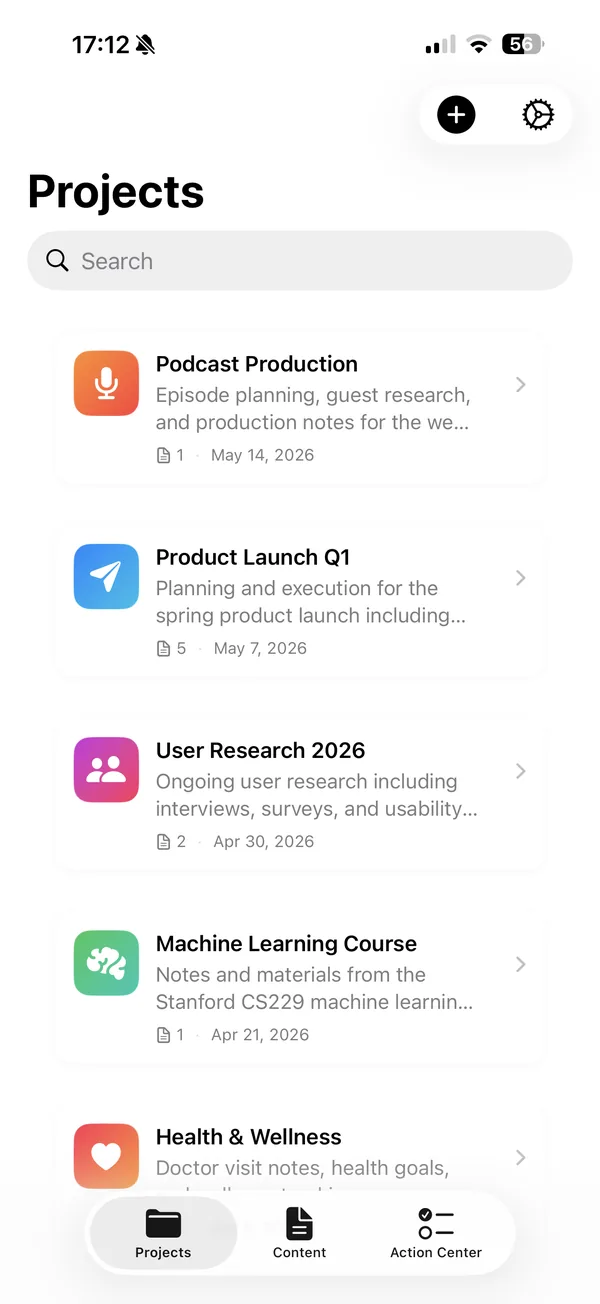 Inscribe on iPhone showing the Projects list with colorful gradient project tiles