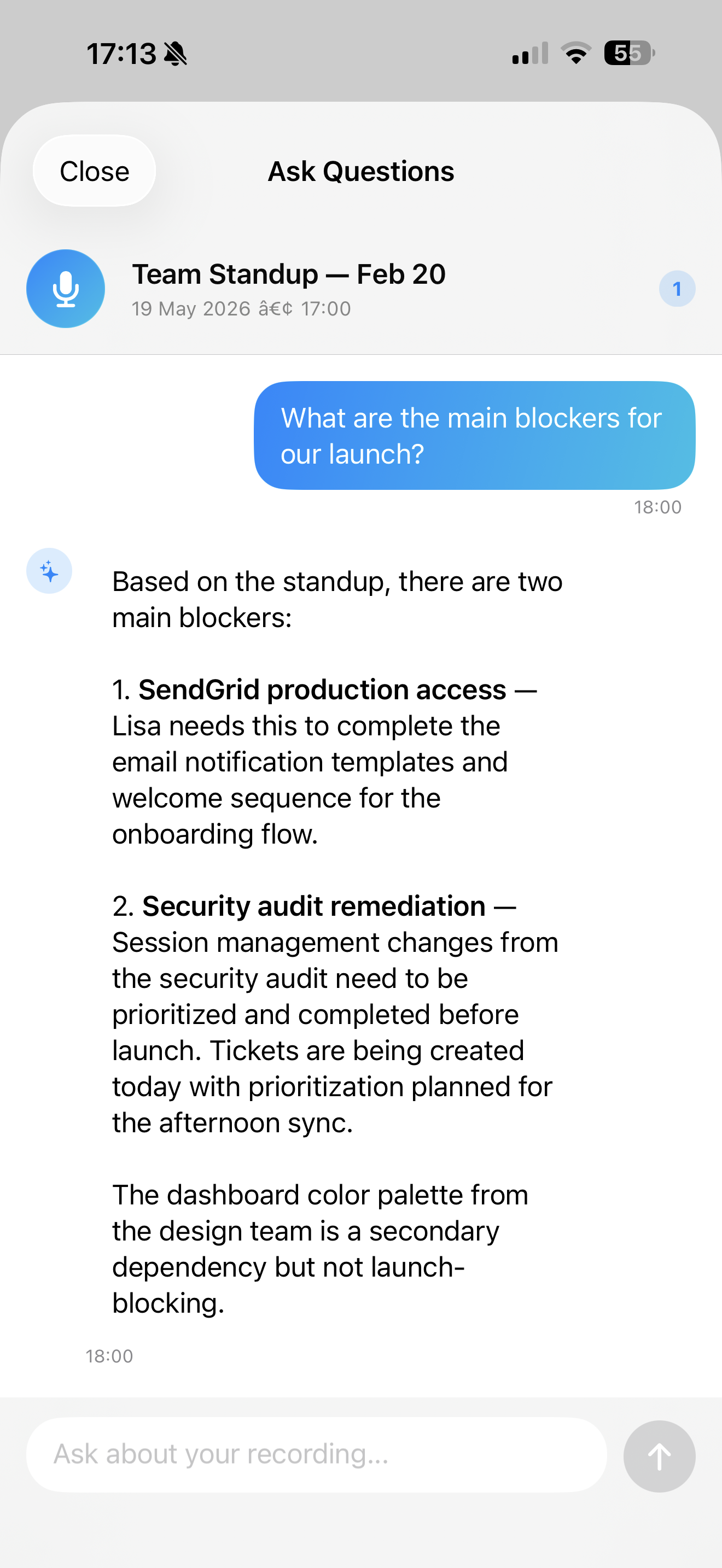 Inscribe on iPhone showing the Ask Questions chat answering what the main blockers for launch are