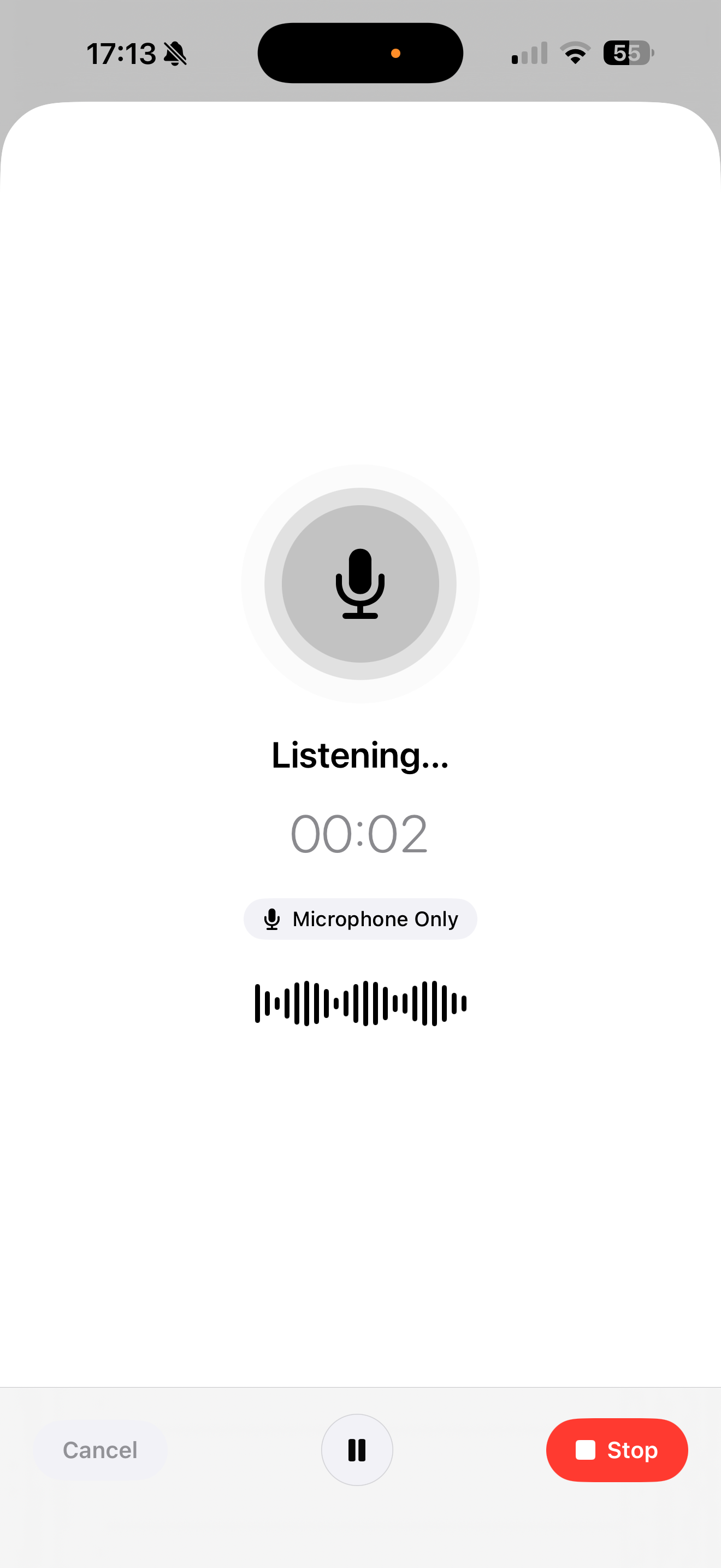 Inscribe on iPhone showing the recording screen with a live audio waveform and a red stop button