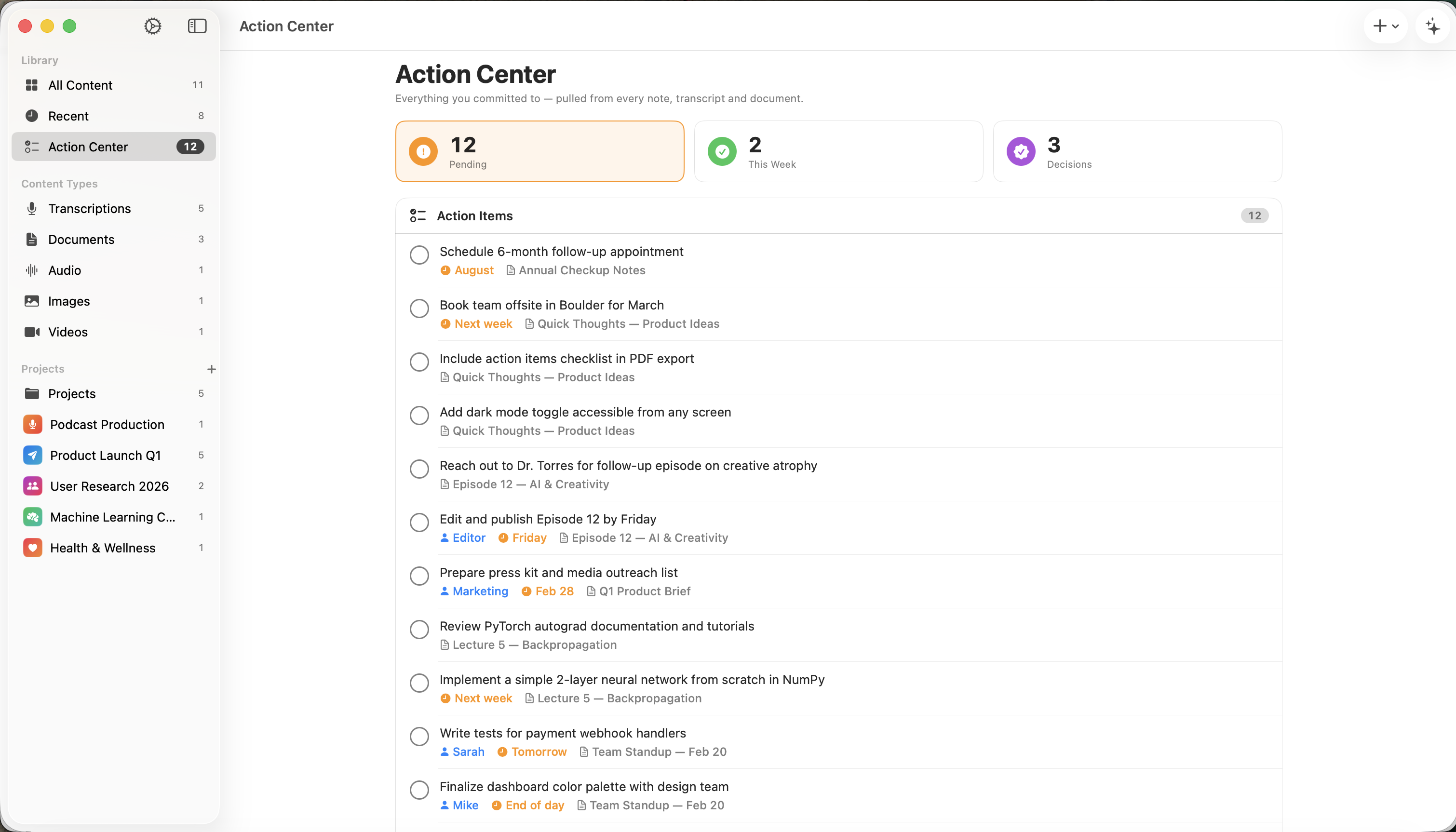 Inscribe on Mac showing the Action Center with pending tasks, owners, and due dates pulled from across all notes