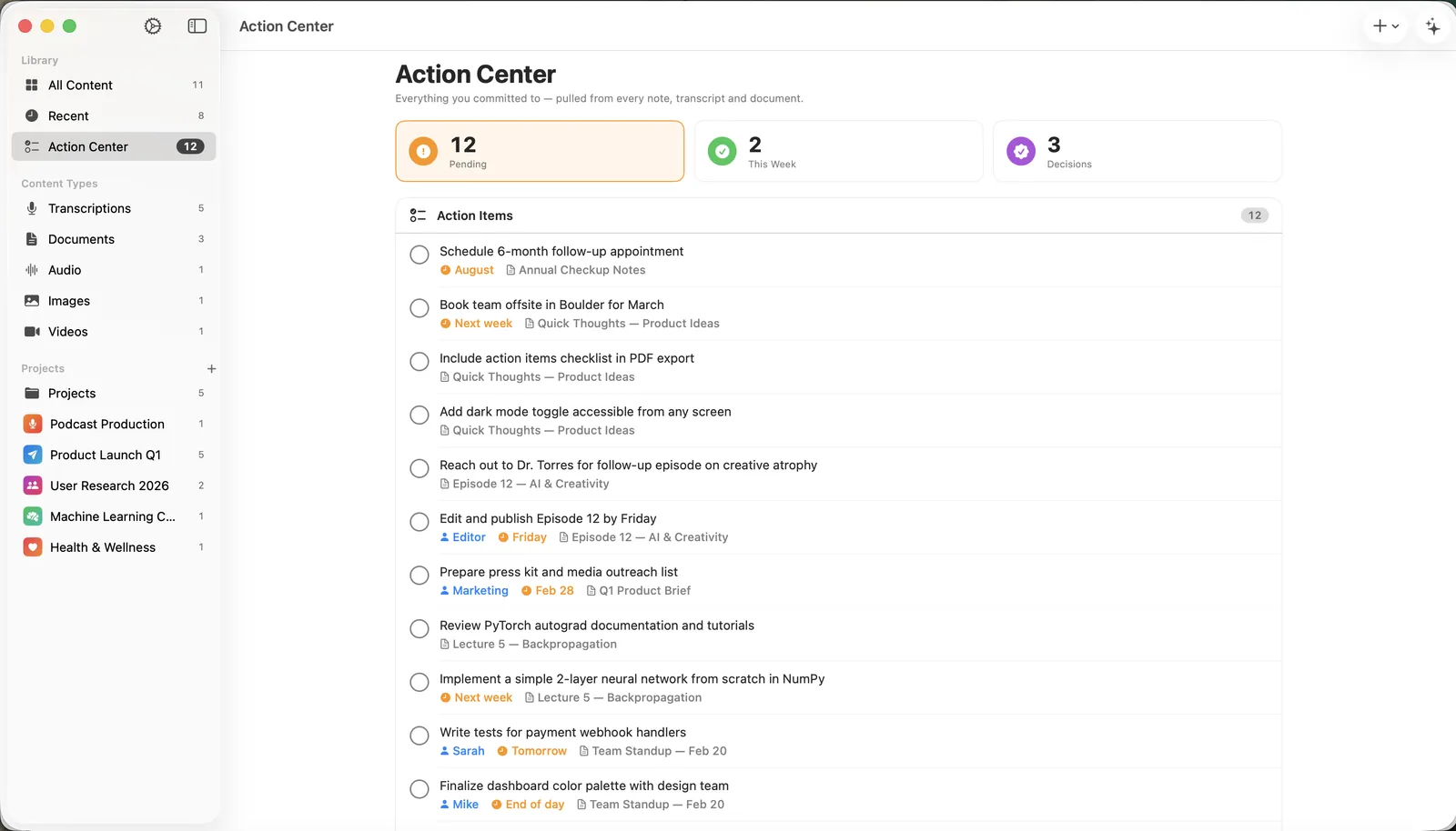 Inscribe on Mac showing the Action Center with pending tasks, owners, and due dates pulled from across all notes