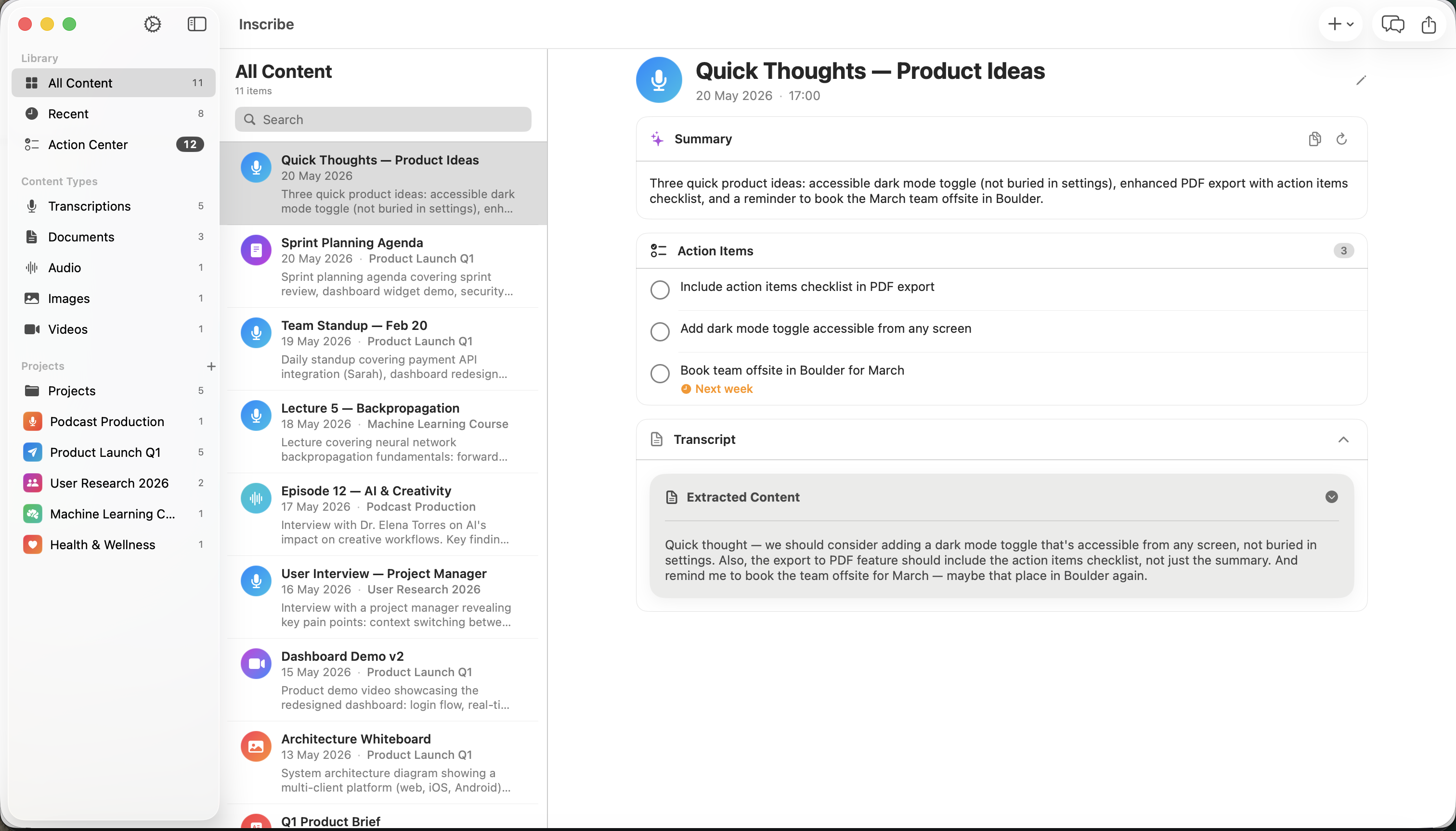 Inscribe on Mac showing the three-column layout with the content list and a note detail with summary, action items, and transcript