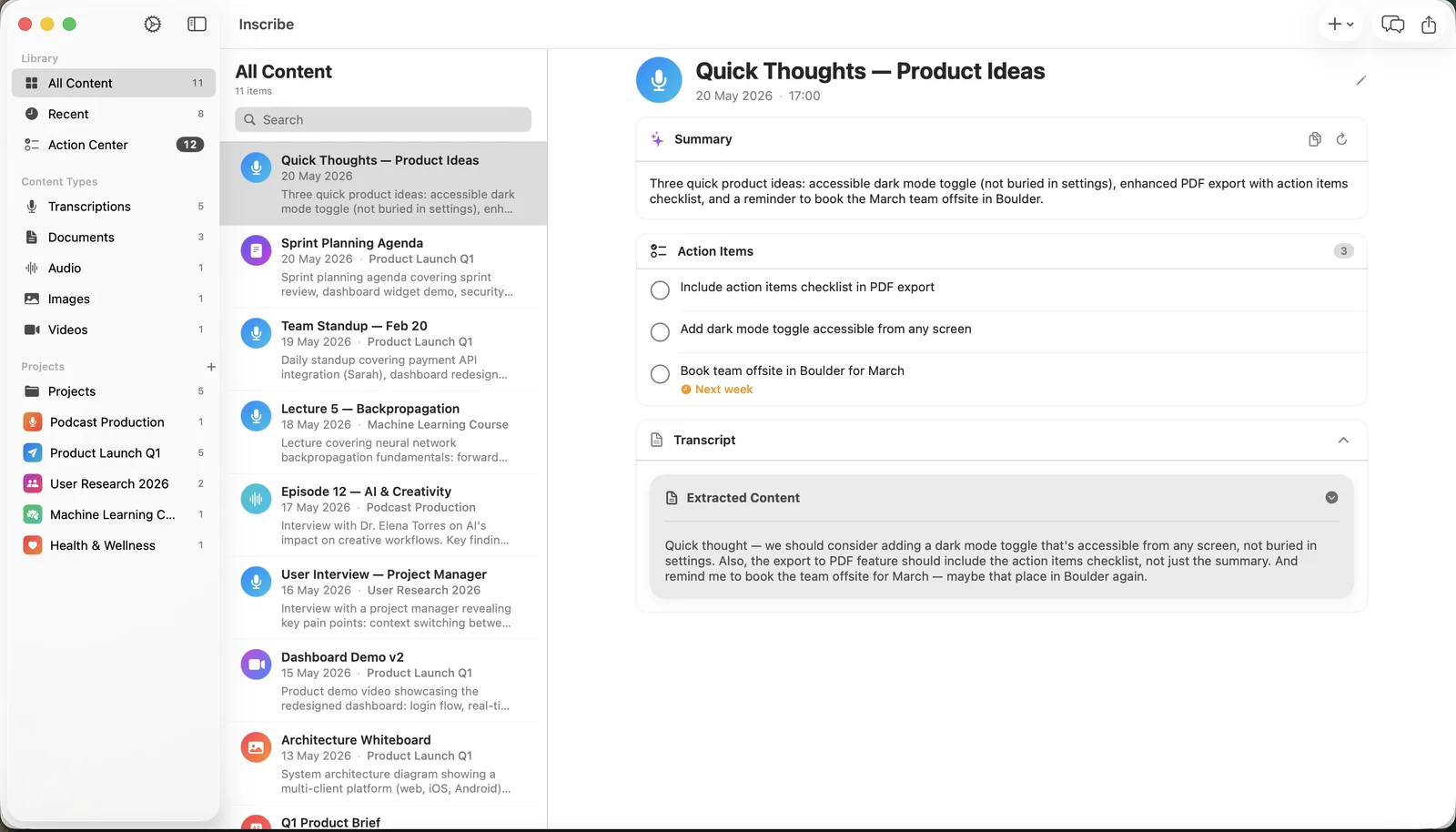 Inscribe on Mac showing the three-column layout with the content list and a note detail with summary, action items, and transcript