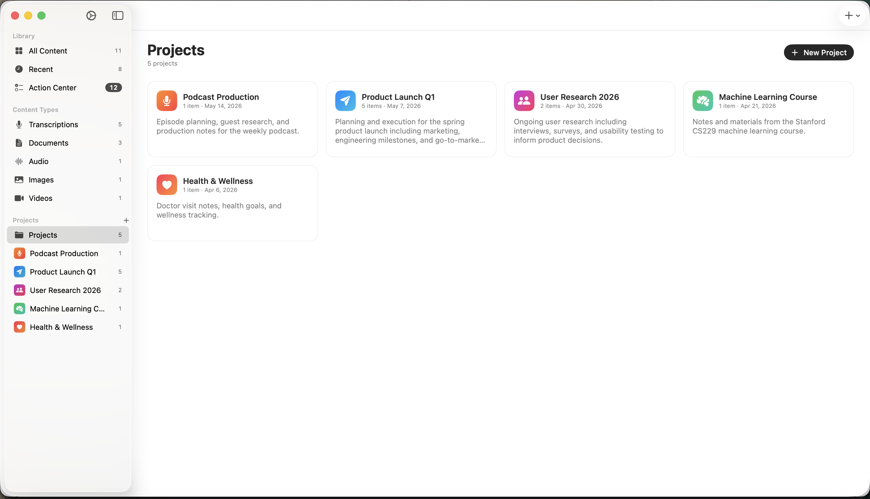 Inscribe Mac Projects view